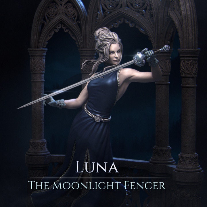 Luna the Moonlight Fencer - 3D Resin Art by Nerikson - Advanced Complexity, Custom Base, Game-Ready